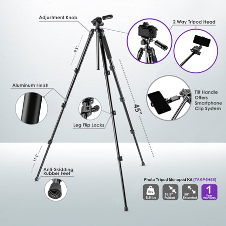 Takama Flip-Zip Aluminum Tripod Monopod with 2-Way Head 147.3cm